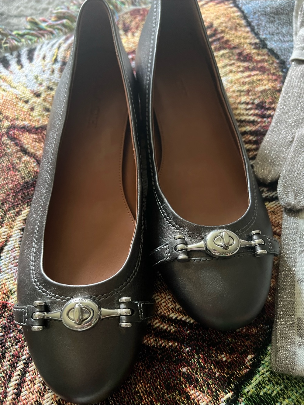 Coach Black Leather Ballet Flats with Silver-Tone Logo Accent